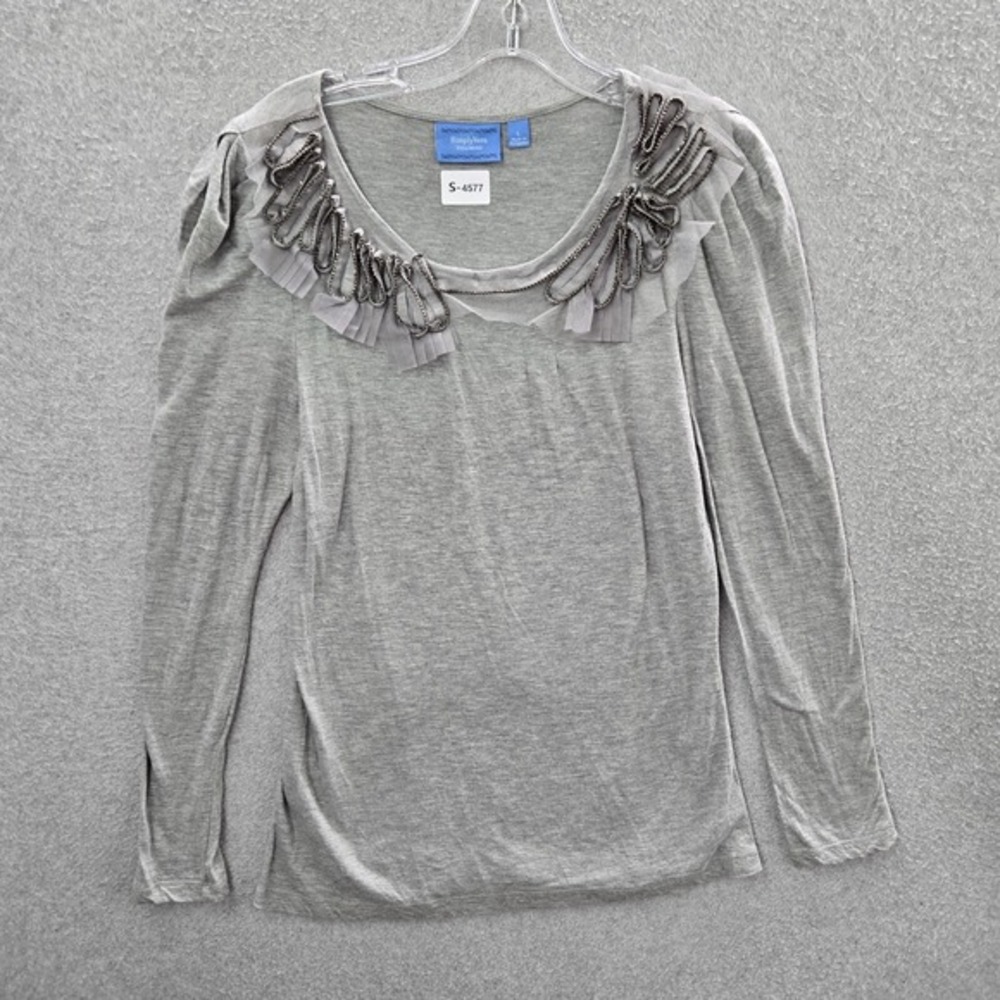 Simply Vera Wang Women Top‎ Large Gray Raw Trim Ruffle Puff Long Sleeve